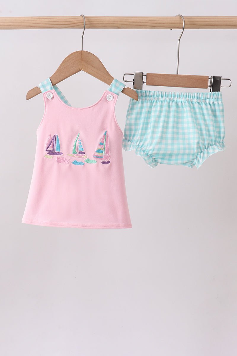 Pink sailboat embroidery bloomer set - Abbies Place