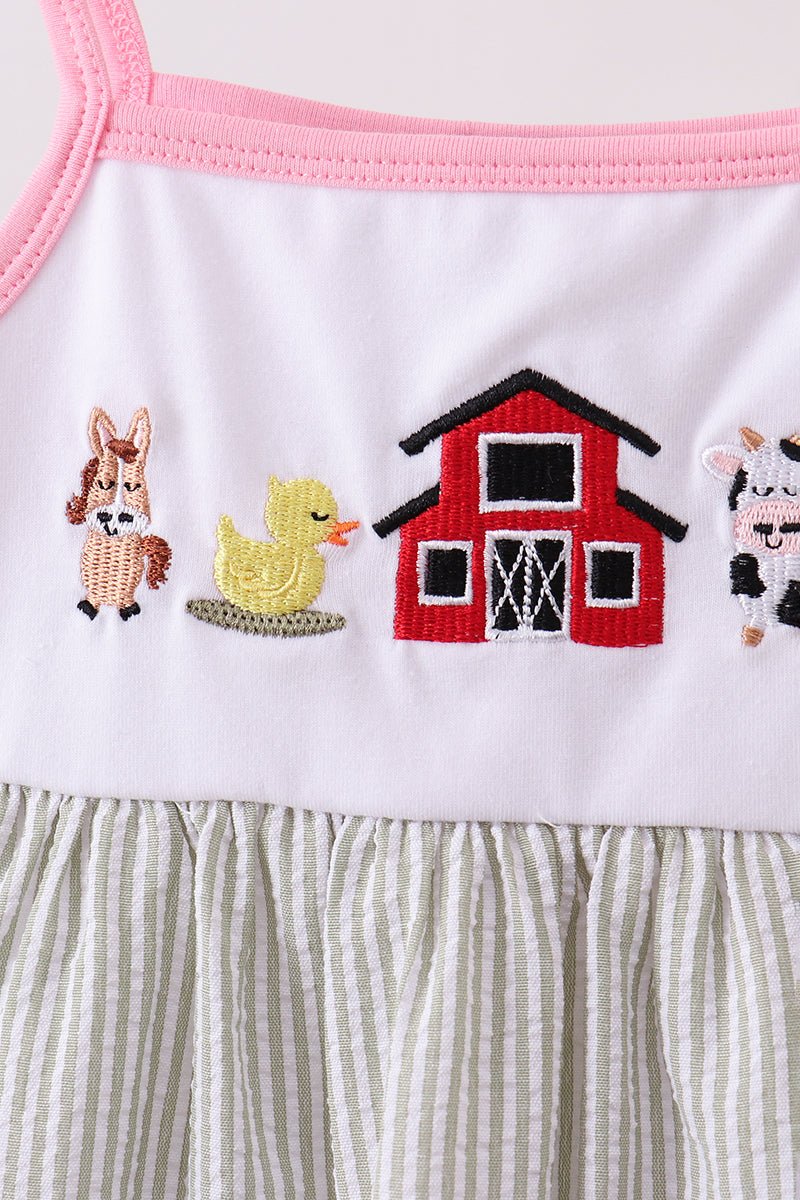 Pink seersucker farm animals embroidery ruffle dress - Abbies Place