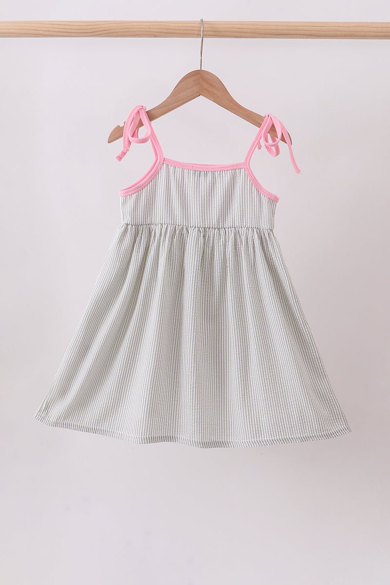 Pink seersucker farm animals embroidery ruffle dress - Abbies Place