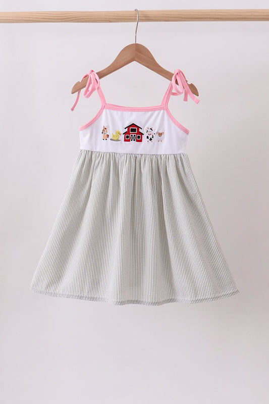 Pink seersucker farm animals embroidery ruffle dress - Abbies Place