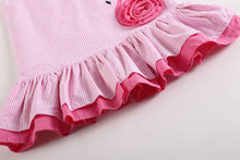 Load image into Gallery viewer, Pink Seersucker Flamingo Ruffle Dress

