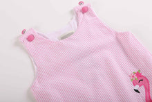 Load image into Gallery viewer, Pink Seersucker Flamingo Ruffle Dress
