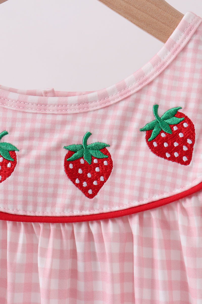 Pink strawberry embroidery gingham dress - Abbies Place