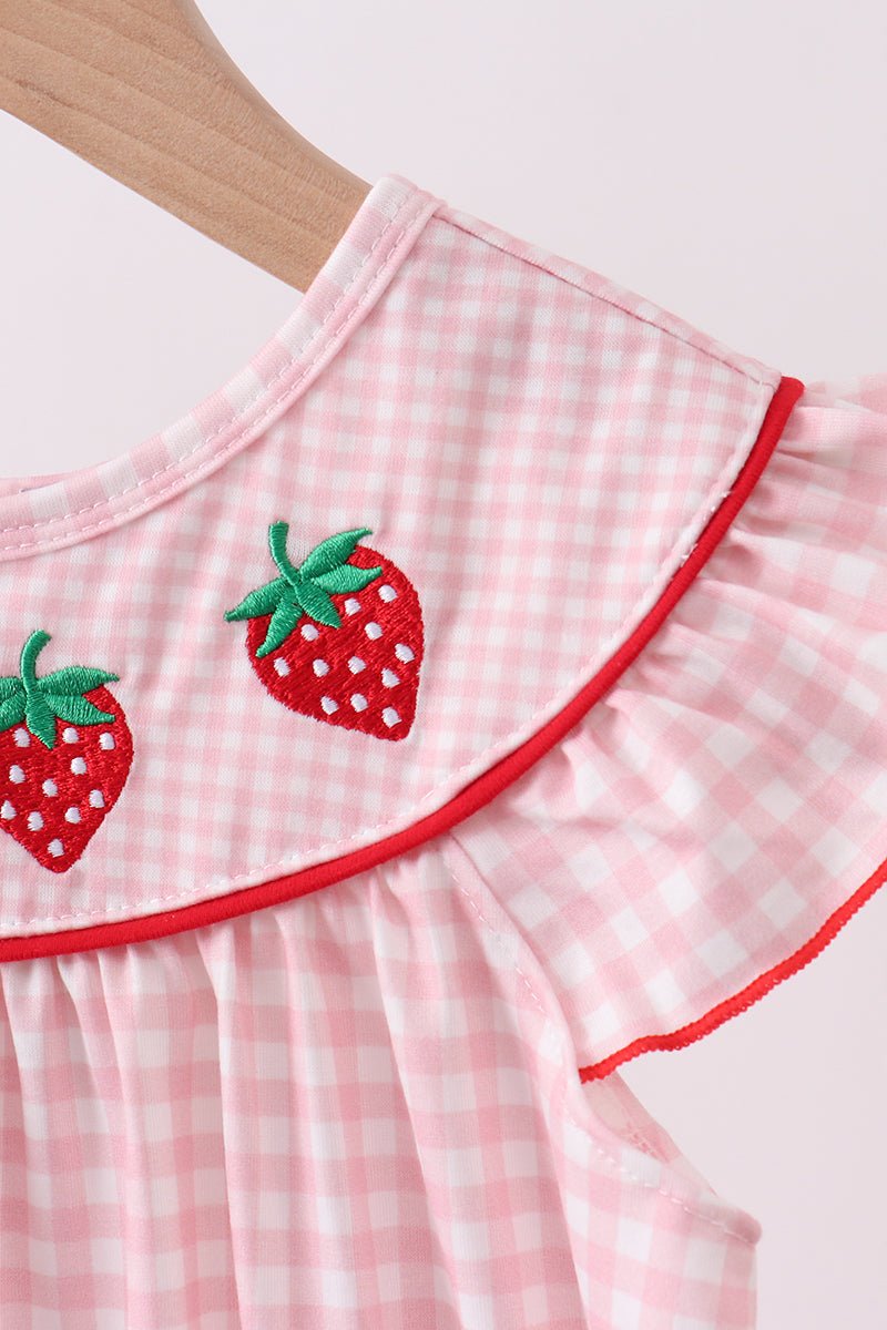 Pink strawberry embroidery gingham dress - Abbies Place