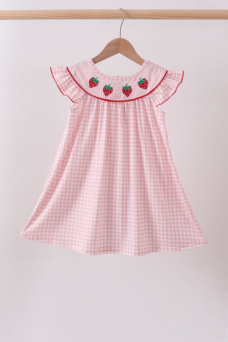 Pink strawberry embroidery gingham dress - Abbies Place