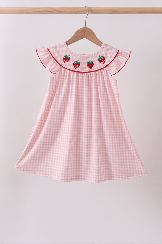 Pink strawberry embroidery gingham dress - Abbies Place