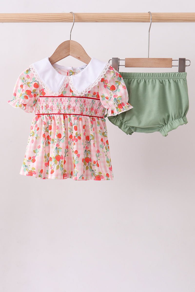 Pink strawberry smocked bloomer set - Abbies Place