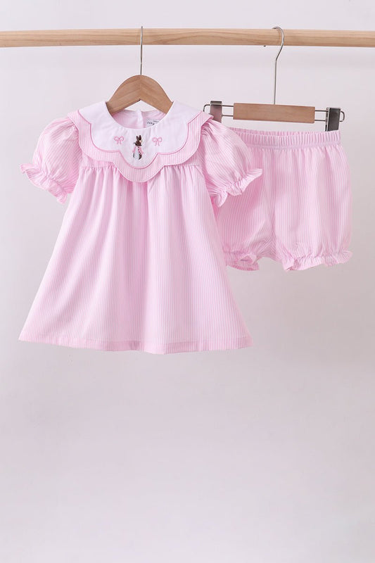 Pink stripe bunny bow embroidery bloomer set - Abbies Place