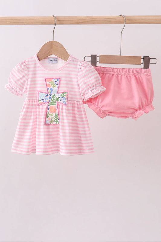 Pink stripe cross applique bloomer set - Abbies Place