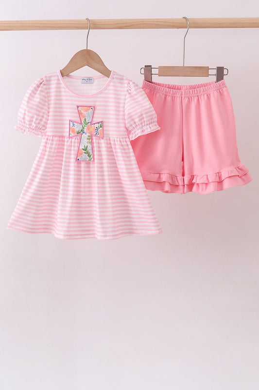 Pink stripe cross applique ruffle shorts set - Abbies Place