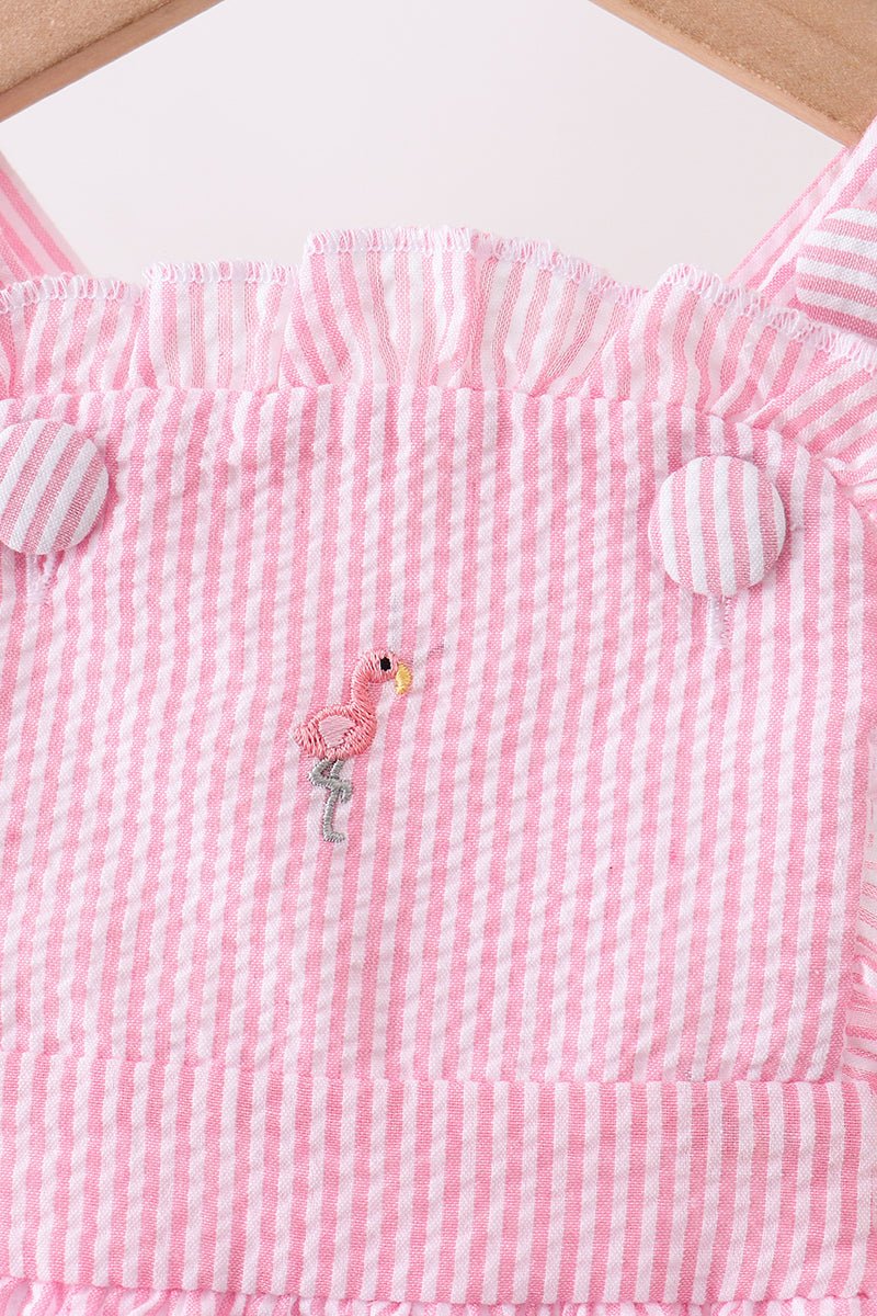 Pink stripe seersucker flamingo embroidery ruffle bubble - Abbies Place