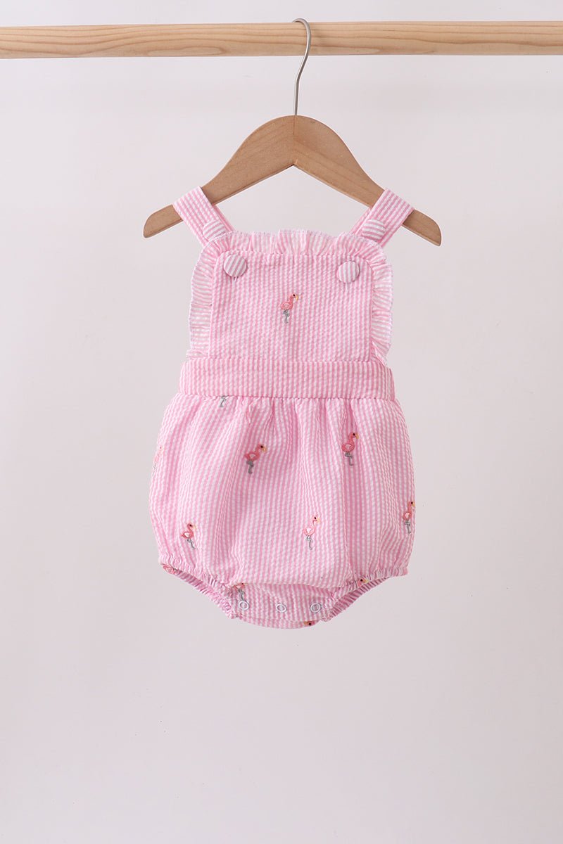 Pink stripe seersucker flamingo embroidery ruffle bubble - Abbies Place
