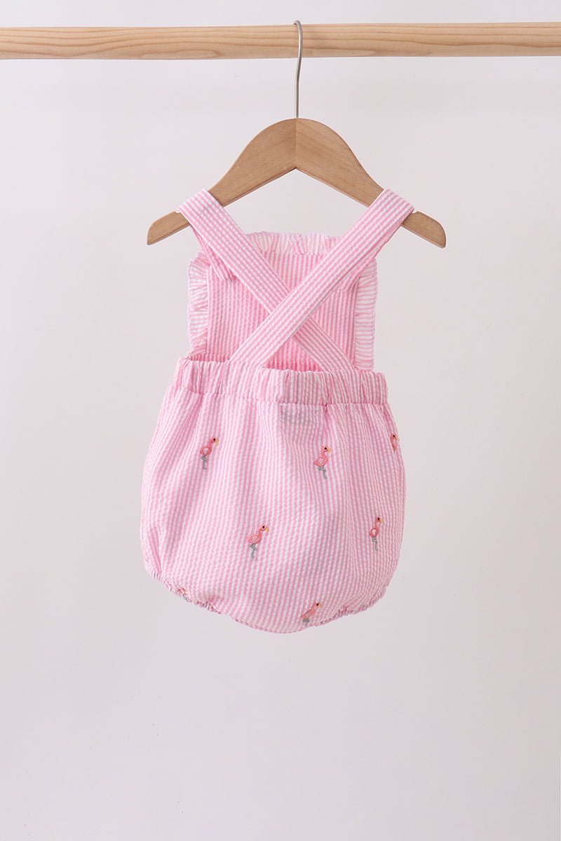 Pink stripe seersucker flamingo embroidery ruffle bubble - Abbies Place