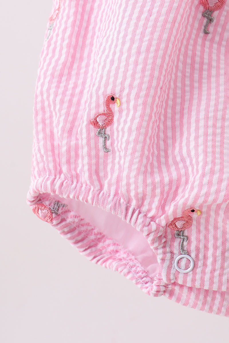 Pink stripe seersucker flamingo embroidery ruffle bubble - Abbies Place