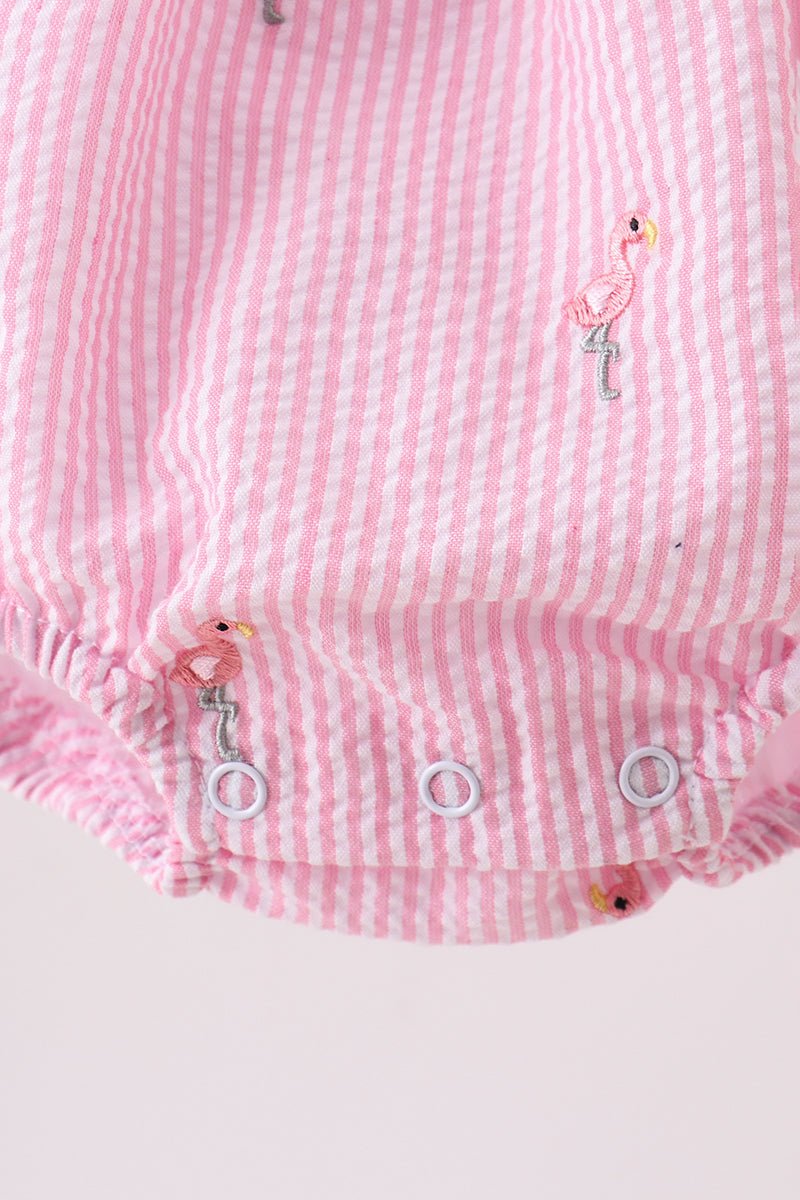 Pink stripe seersucker flamingo embroidery ruffle bubble - Abbies Place