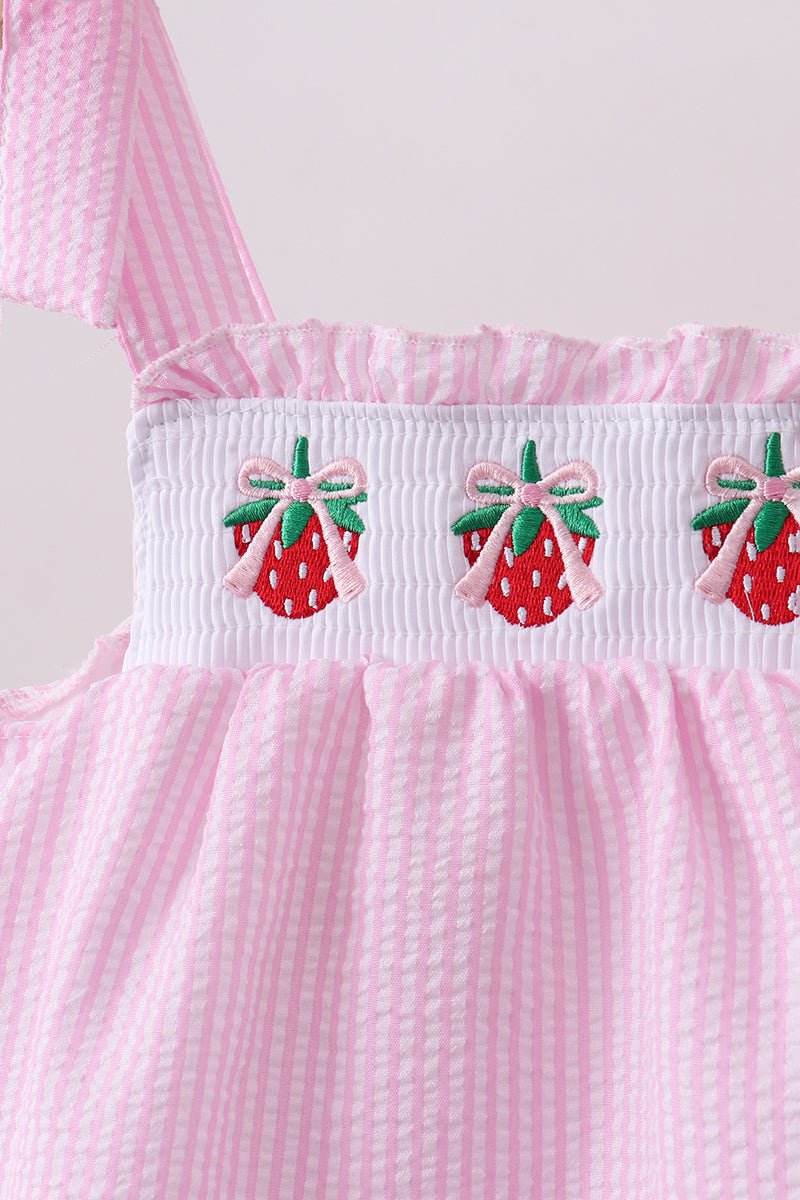 Pink stripe seersucker strawberry smocked bloomer set - Abbies Place