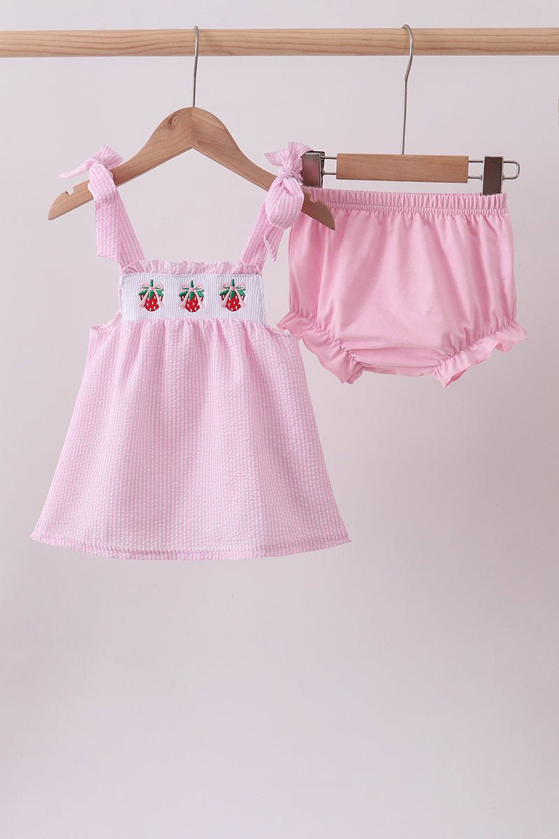 Pink stripe seersucker strawberry smocked bloomer set - Abbies Place