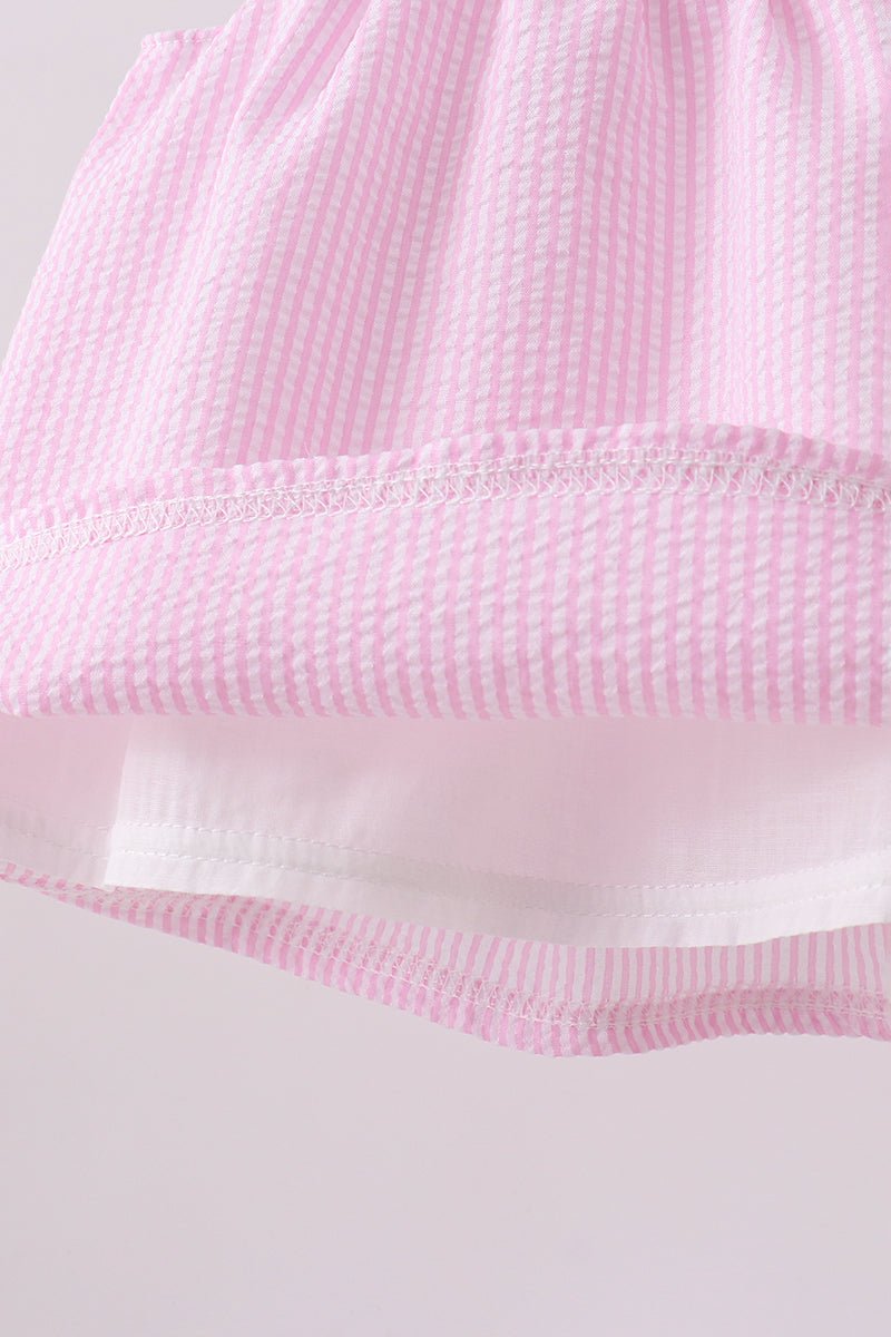 Pink stripe seersucker strawberry smocked bloomer set - Abbies Place