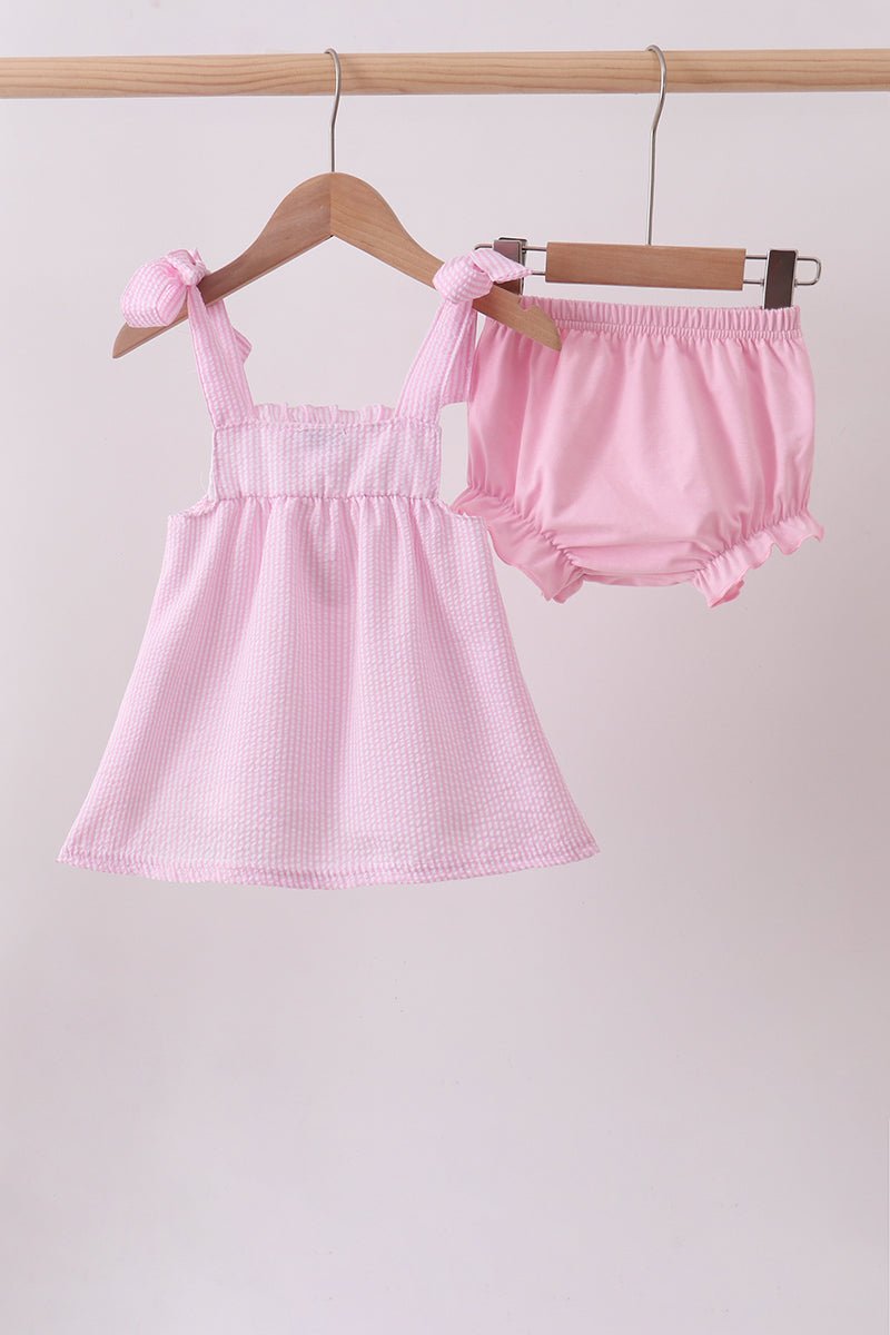 Pink stripe seersucker strawberry smocked bloomer set - Abbies Place