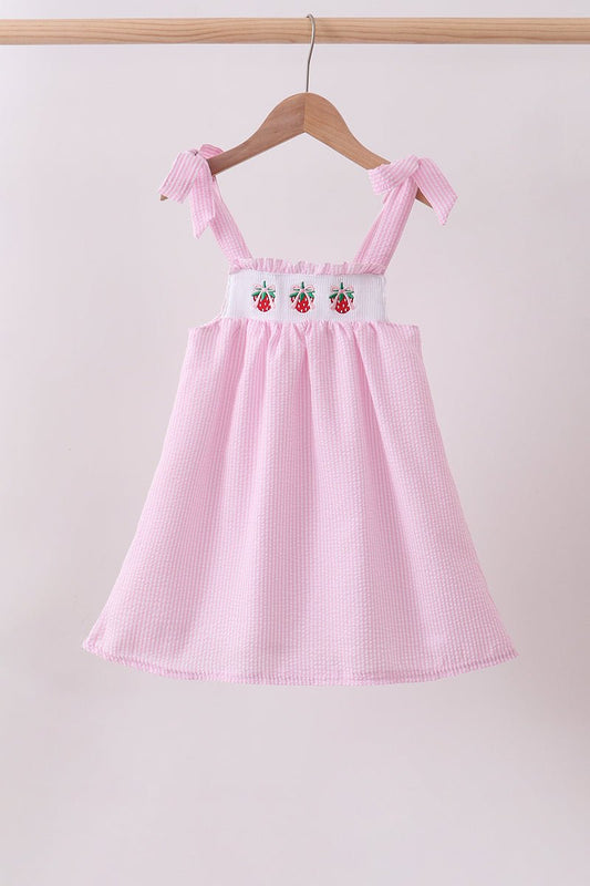 Pink stripe seersucker strawberry smocked dress - Abbies Place