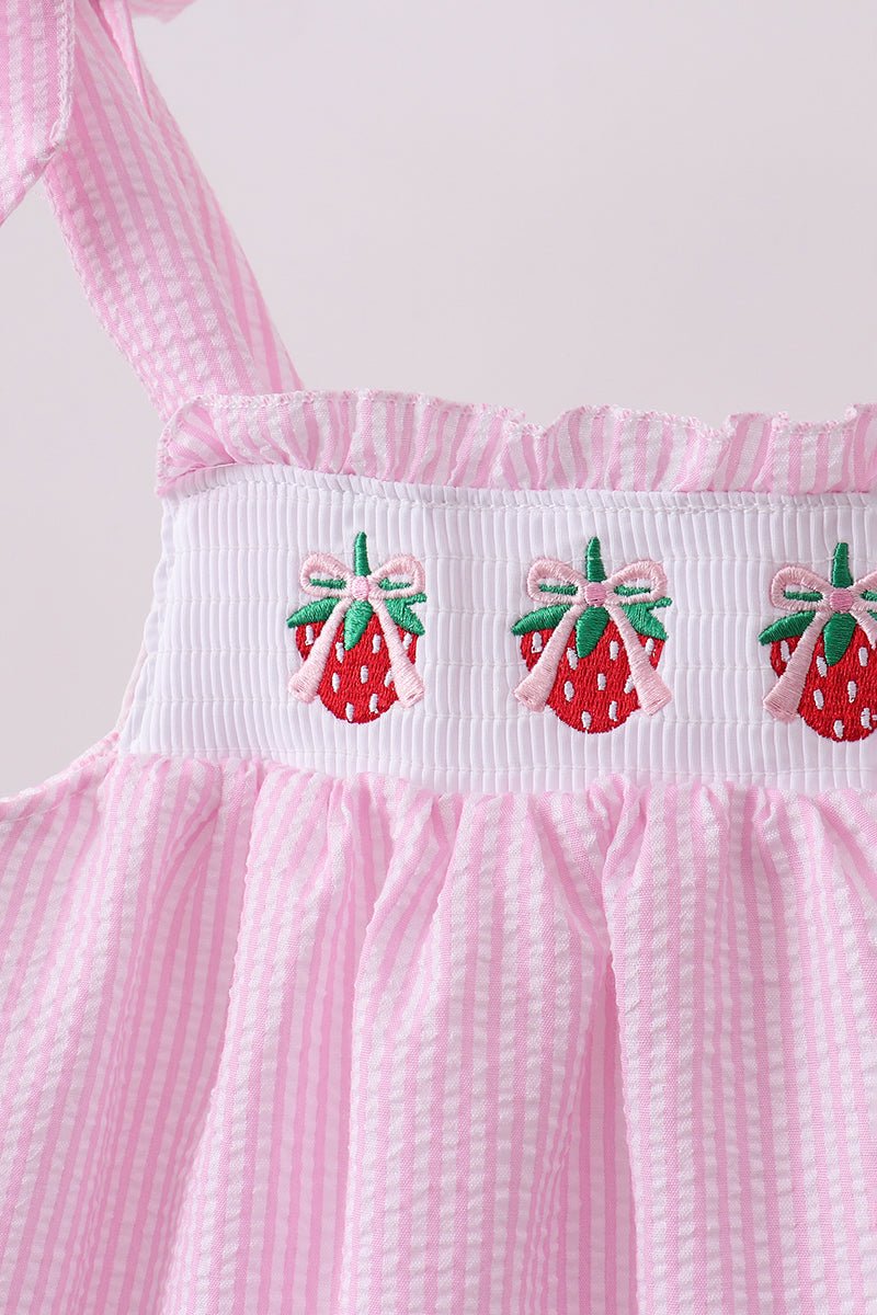 Pink stripe seersucker strawberry smocked dress - Abbies Place