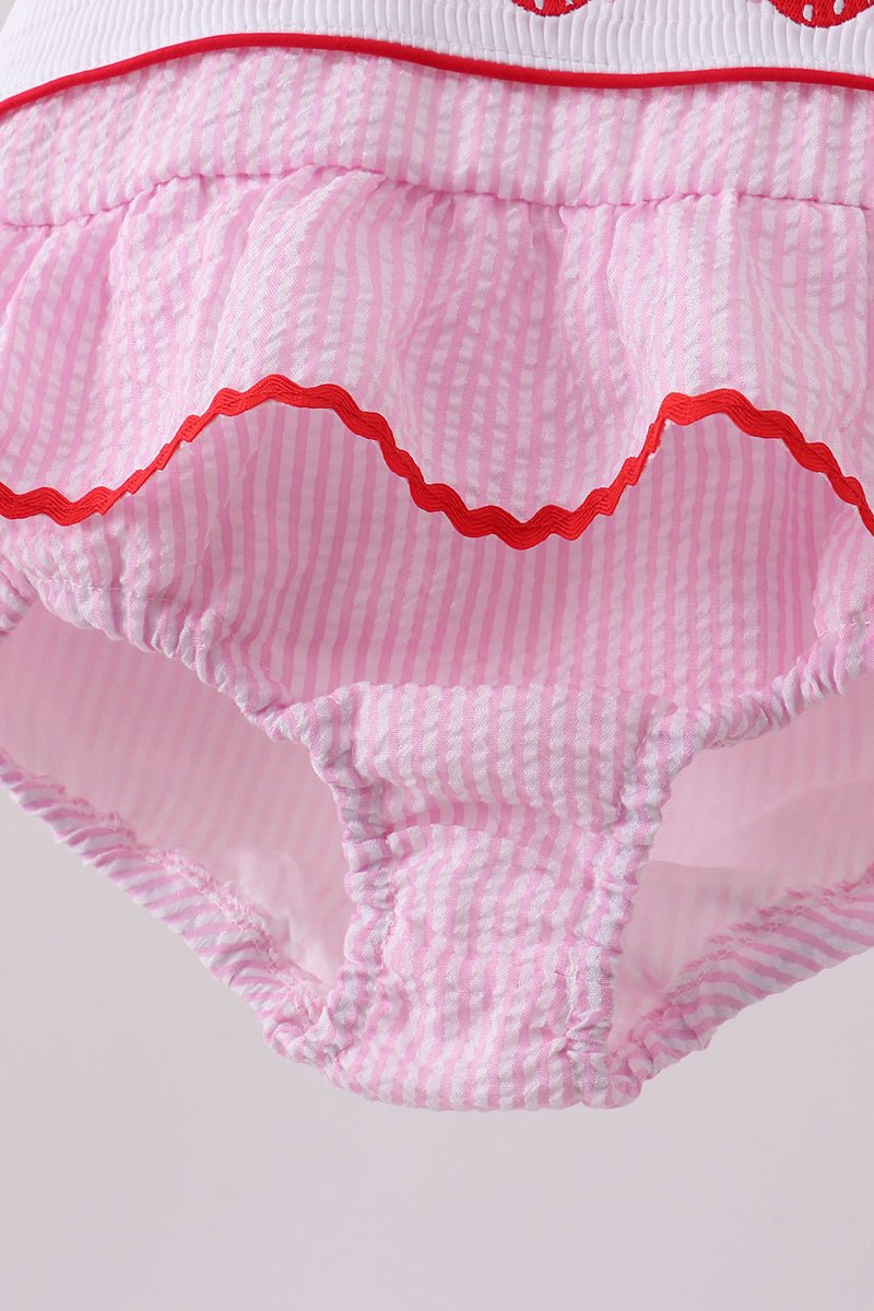 Pink stripe seersucker strawberry smocked one-piece swimsuit - Abbies Place