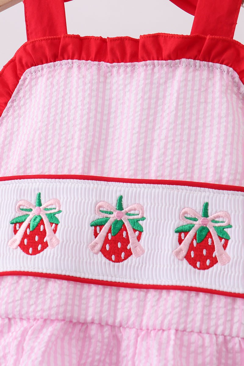 Pink stripe seersucker strawberry smocked one-piece swimsuit - Abbies Place