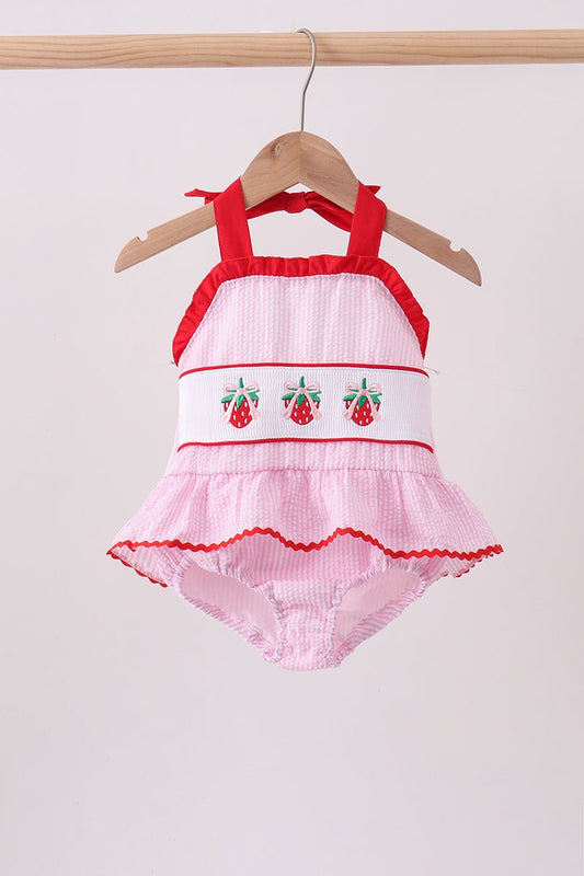 Pink stripe seersucker strawberry smocked one-piece swimsuit - Abbies Place
