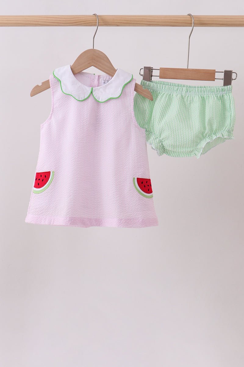 Pink stripe watermelon embroidery seersucker bloomer set - Abbies Place