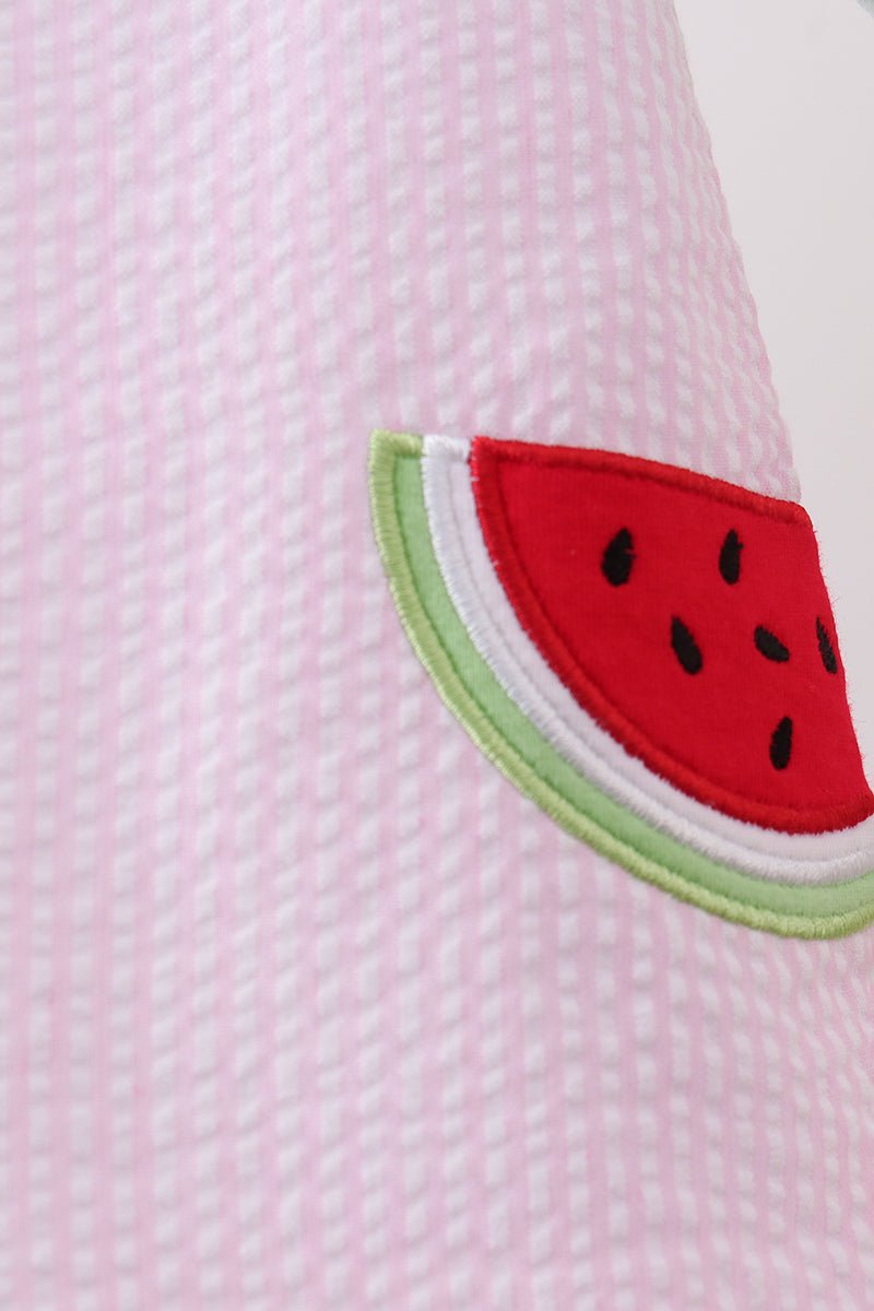 Pink stripe watermelon embroidery seersucker bloomer set - Abbies Place