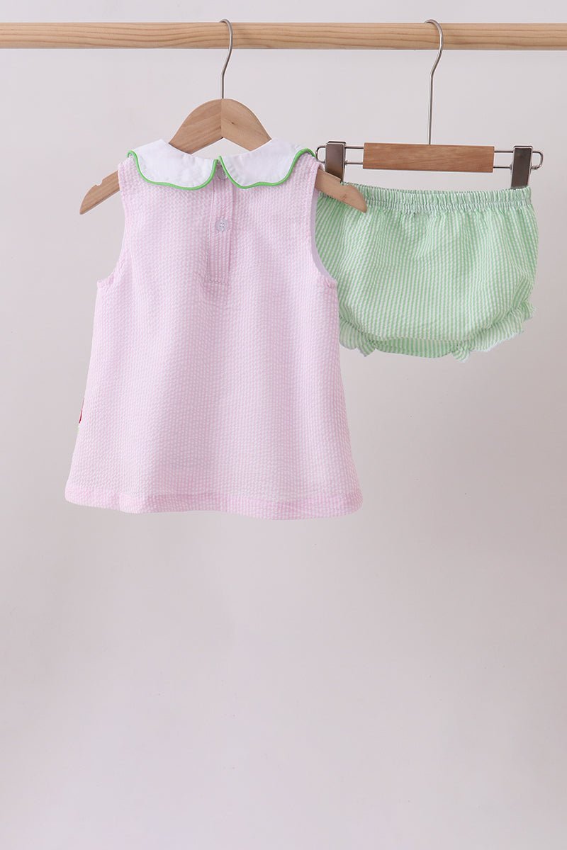 Pink stripe watermelon embroidery seersucker bloomer set - Abbies Place