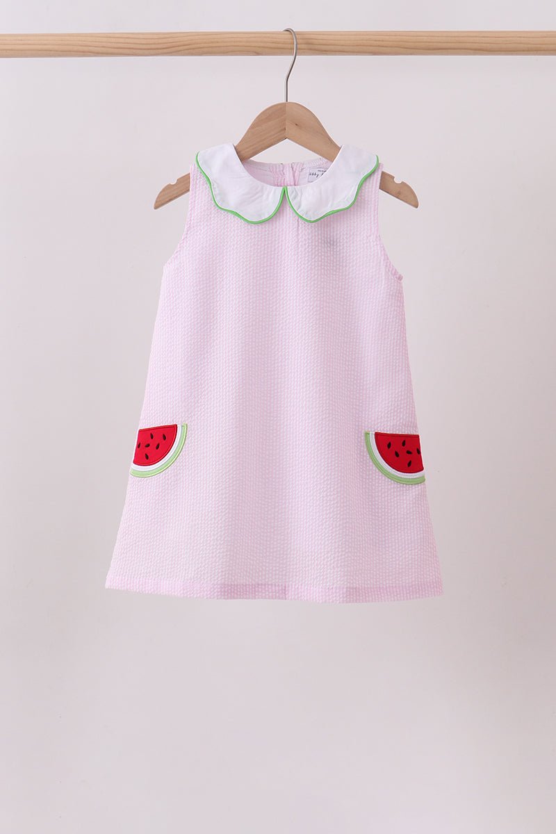 Pink stripe watermelon embroidery seersucker dress - Abbies Place