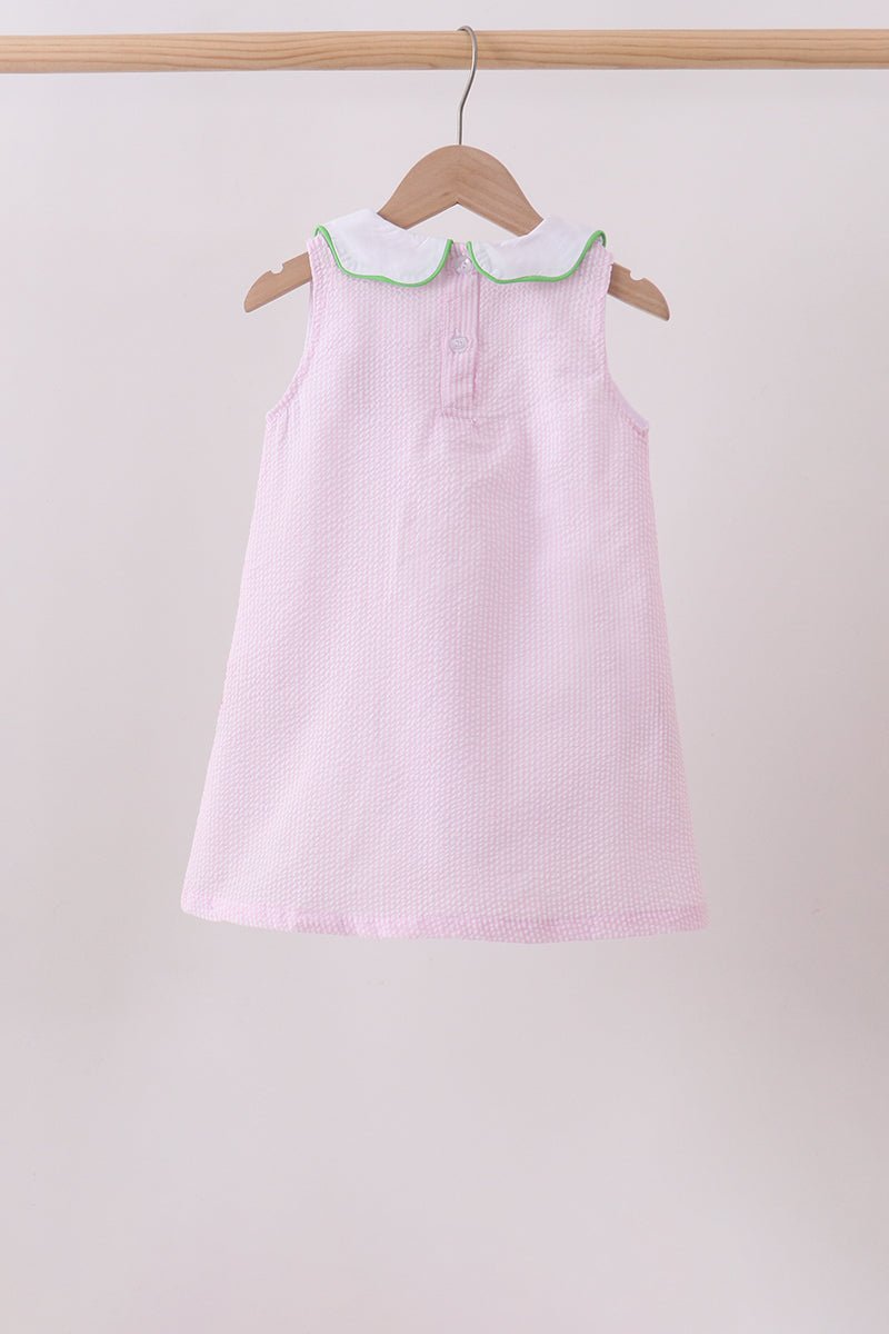 Pink stripe watermelon embroidery seersucker dress - Abbies Place