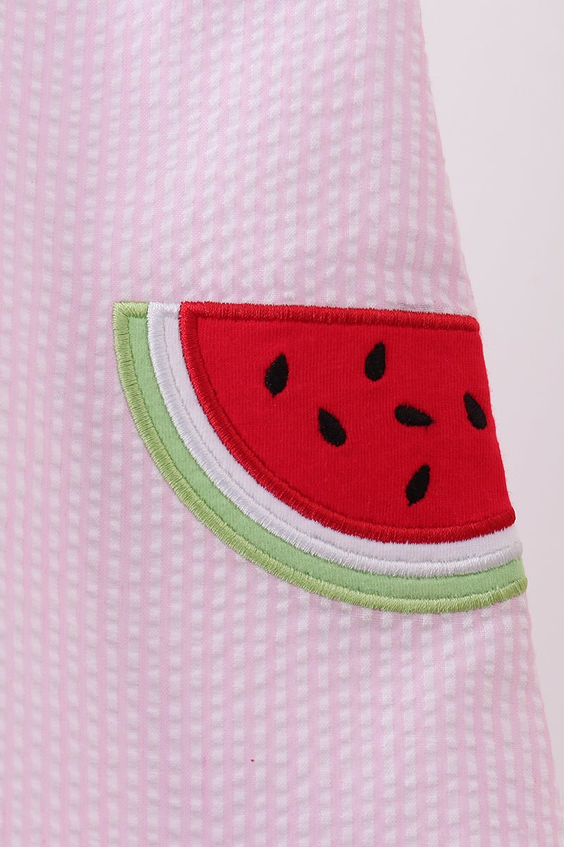 Pink stripe watermelon embroidery seersucker dress - Abbies Place