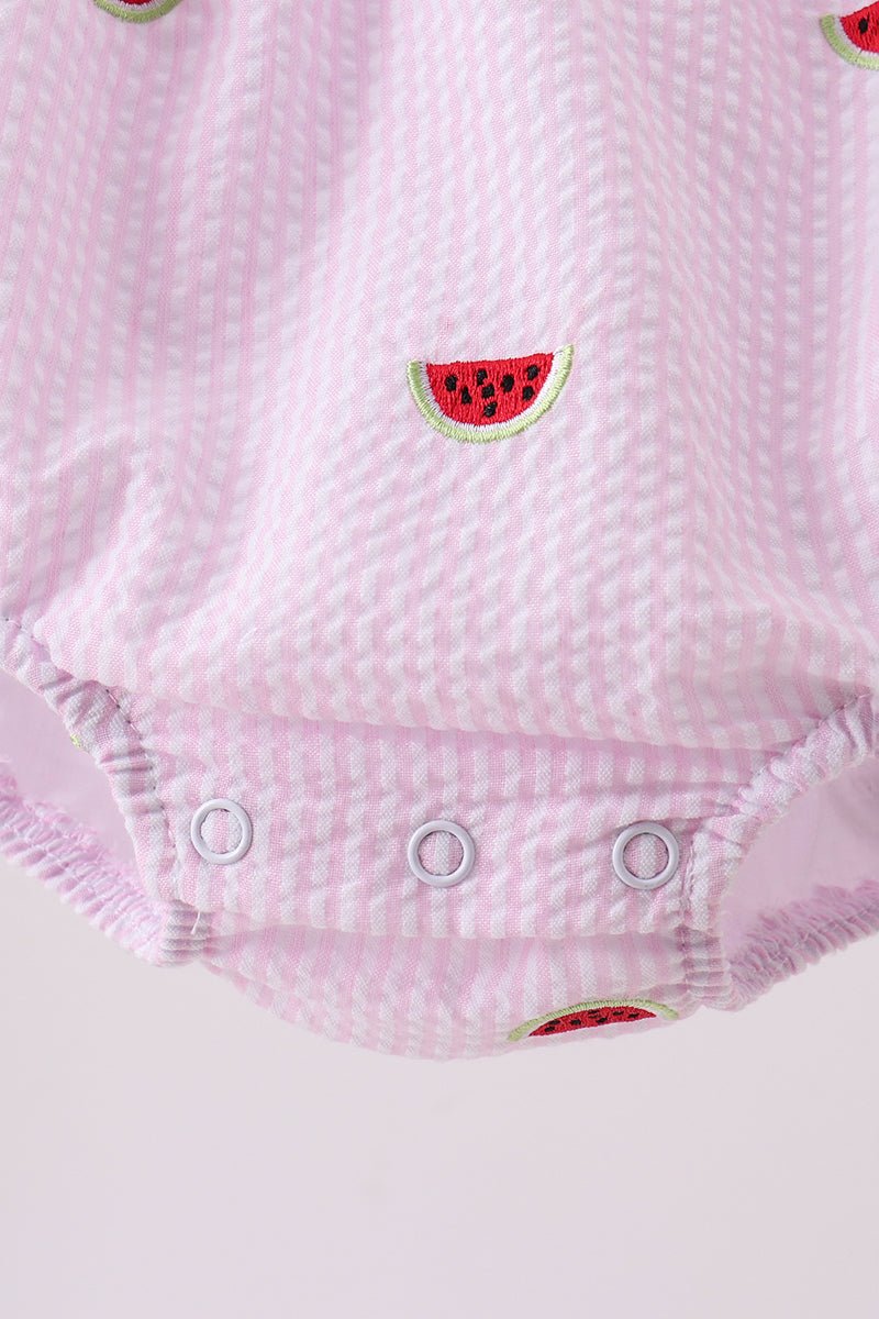 Pink stripe watermelon embroidery seersucker ruffle bubble - Abbies Place