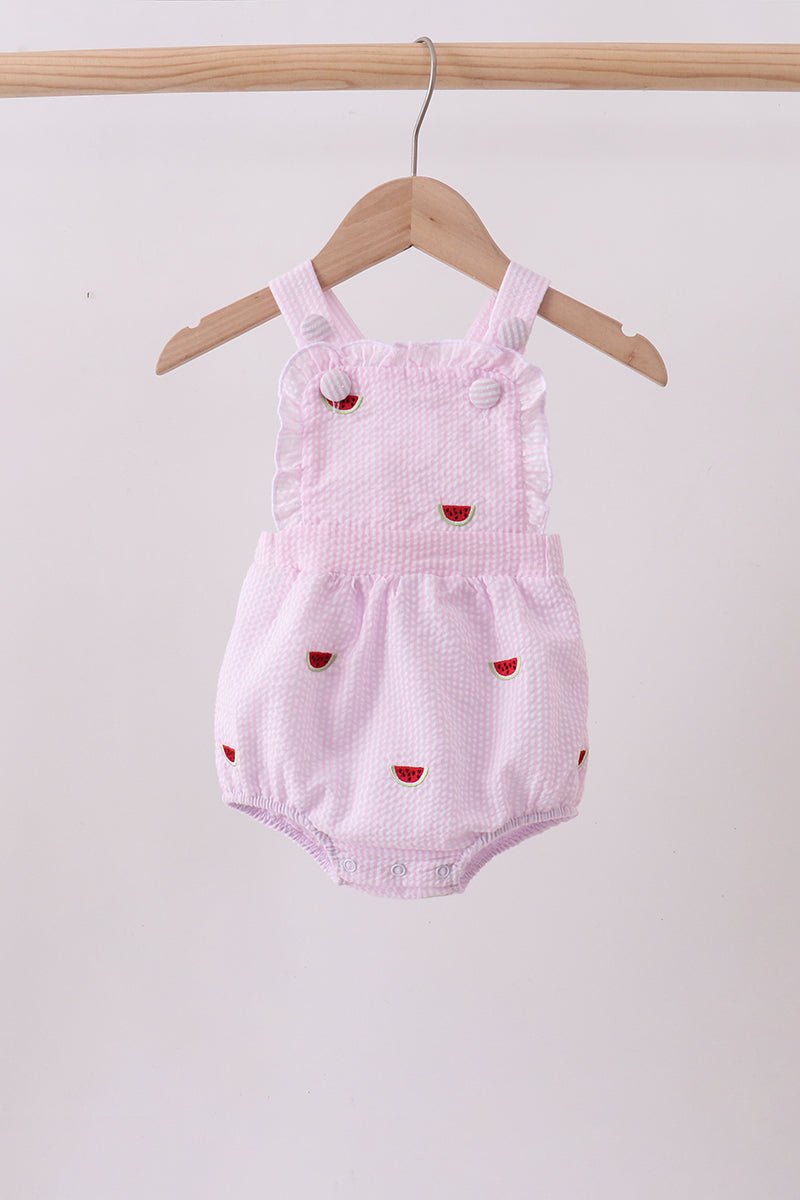 Pink stripe watermelon embroidery seersucker ruffle bubble - Abbies Place