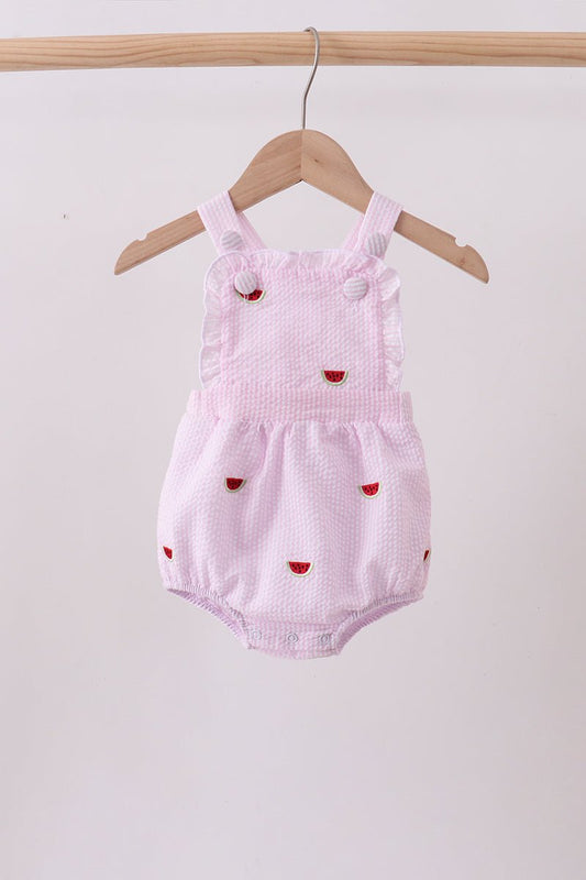 Pink stripe watermelon embroidery seersucker ruffle bubble - Abbies Place
