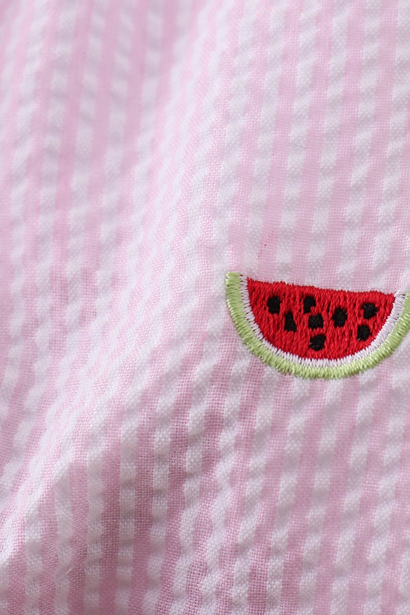 Pink stripe watermelon embroidery seersucker ruffle bubble - Abbies Place