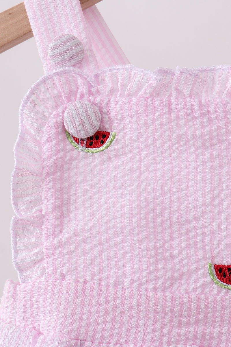 Pink stripe watermelon embroidery seersucker ruffle bubble - Abbies Place