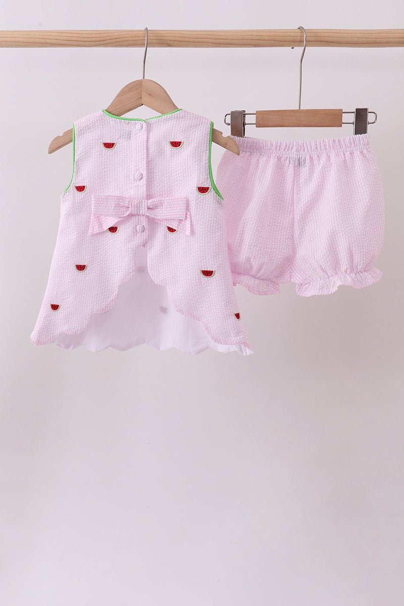 Pink stripe watermelon embroidery seersucker shorts set - Abbies Place