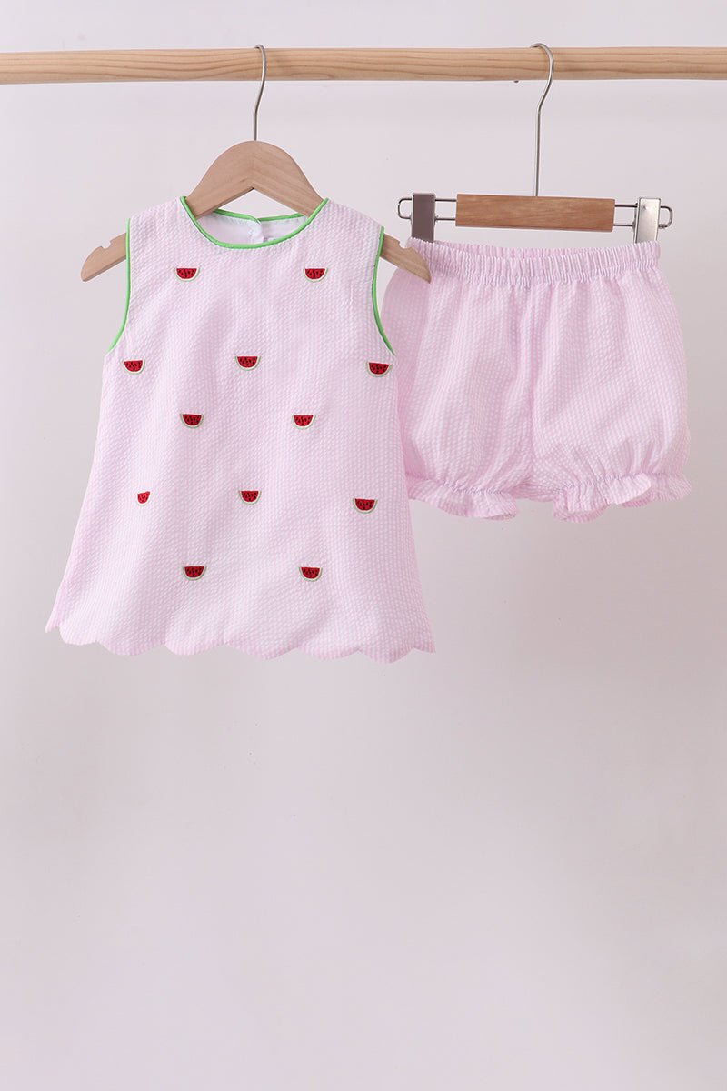 Pink stripe watermelon embroidery seersucker shorts set - Abbies Place