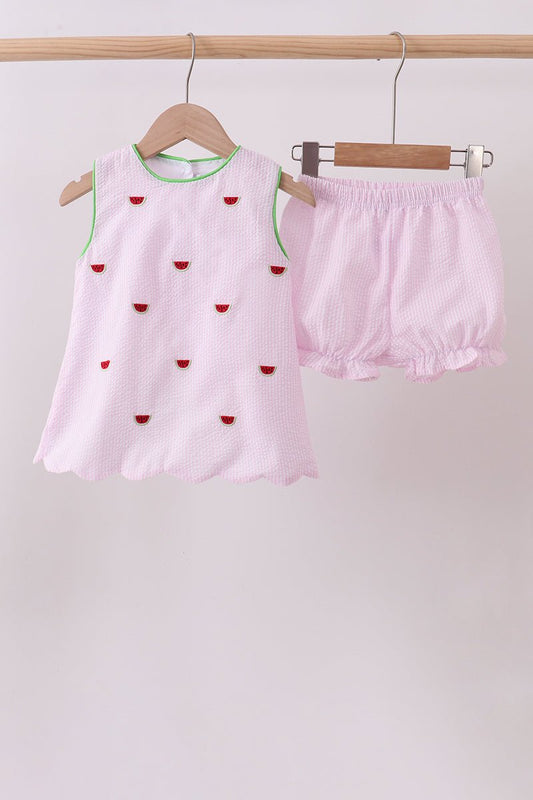 Pink stripe watermelon embroidery seersucker shorts set - Abbies Place