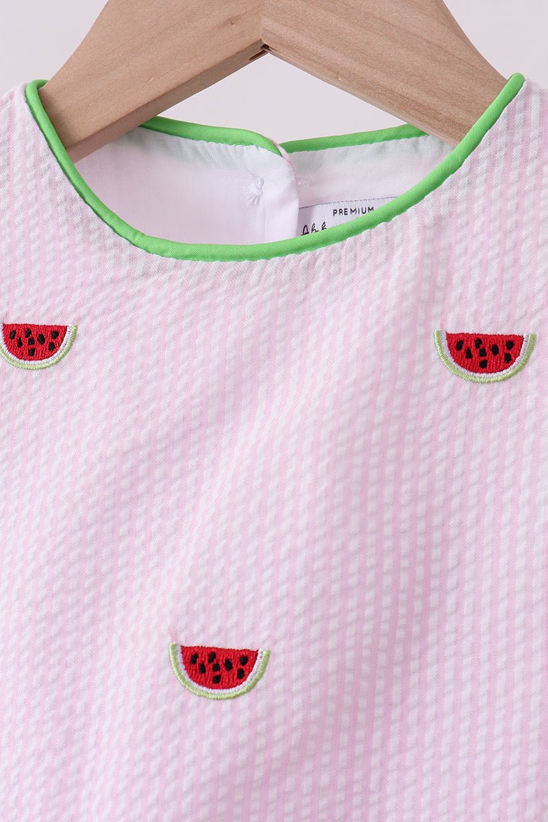 Pink stripe watermelon embroidery seersucker shorts set - Abbies Place