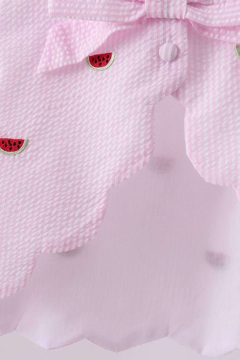 Pink stripe watermelon embroidery seersucker shorts set - Abbies Place