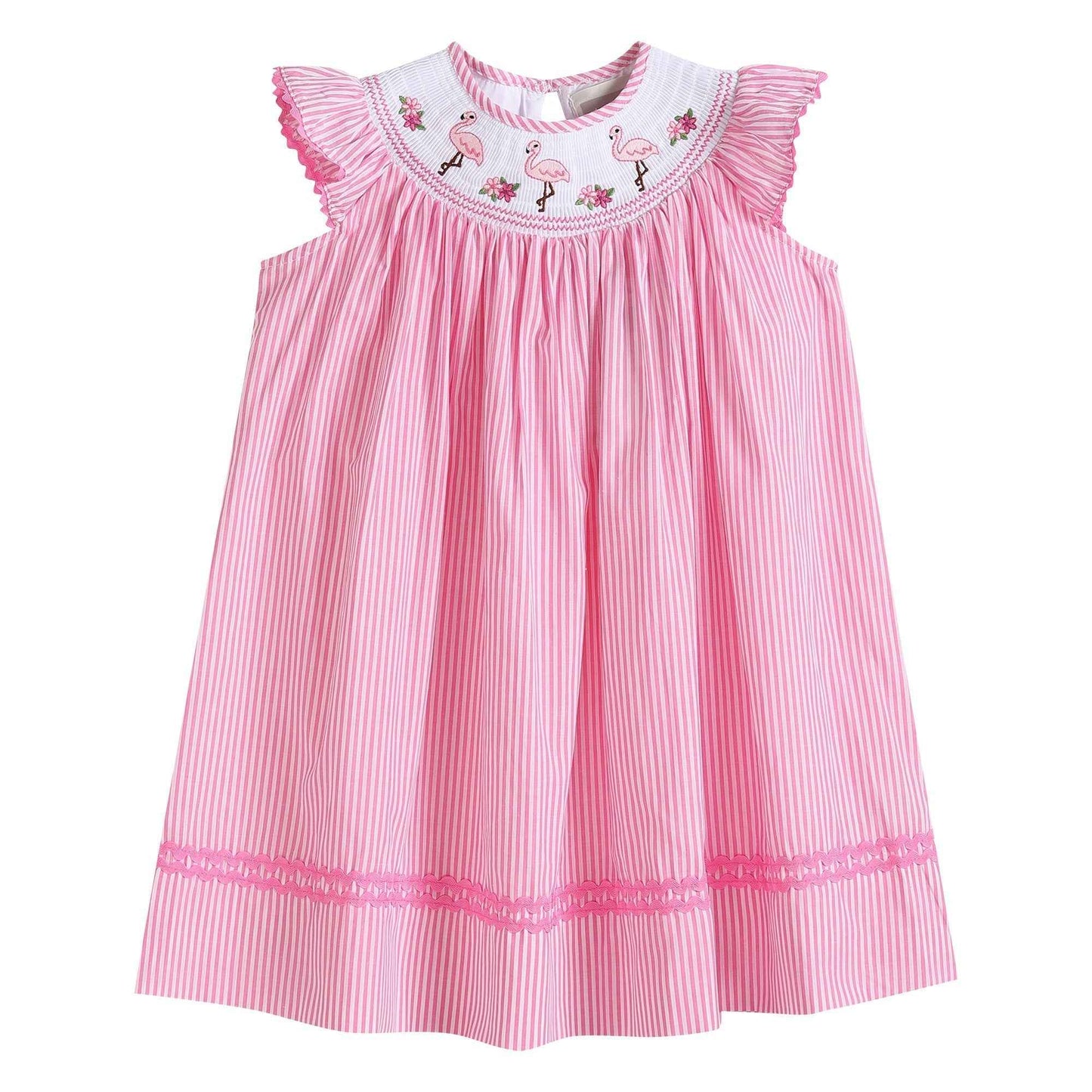 Pink Striped Flamingo Smocked Bishop Dress - Abbies Place