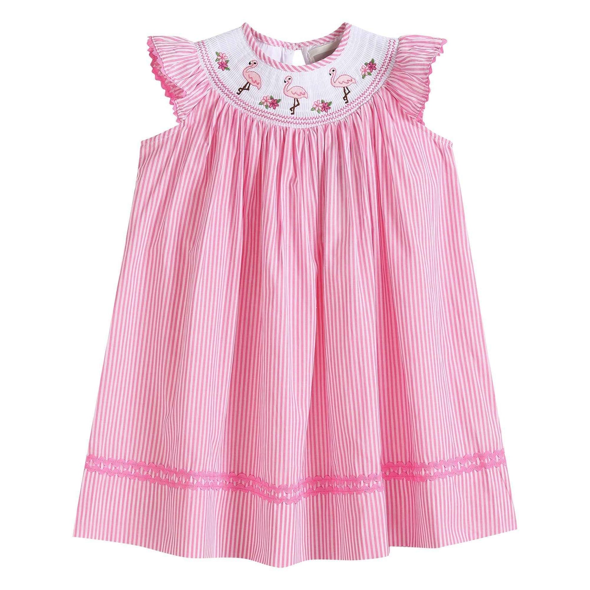 Pink Striped Flamingo Smocked Bishop Dress - Abbies Place