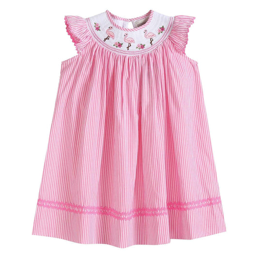Pink Striped Flamingo Smocked Bishop Dress - Abbies Place
