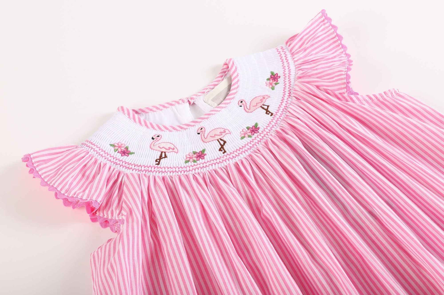 Pink Striped Flamingo Smocked Bishop Dress - Abbies Place