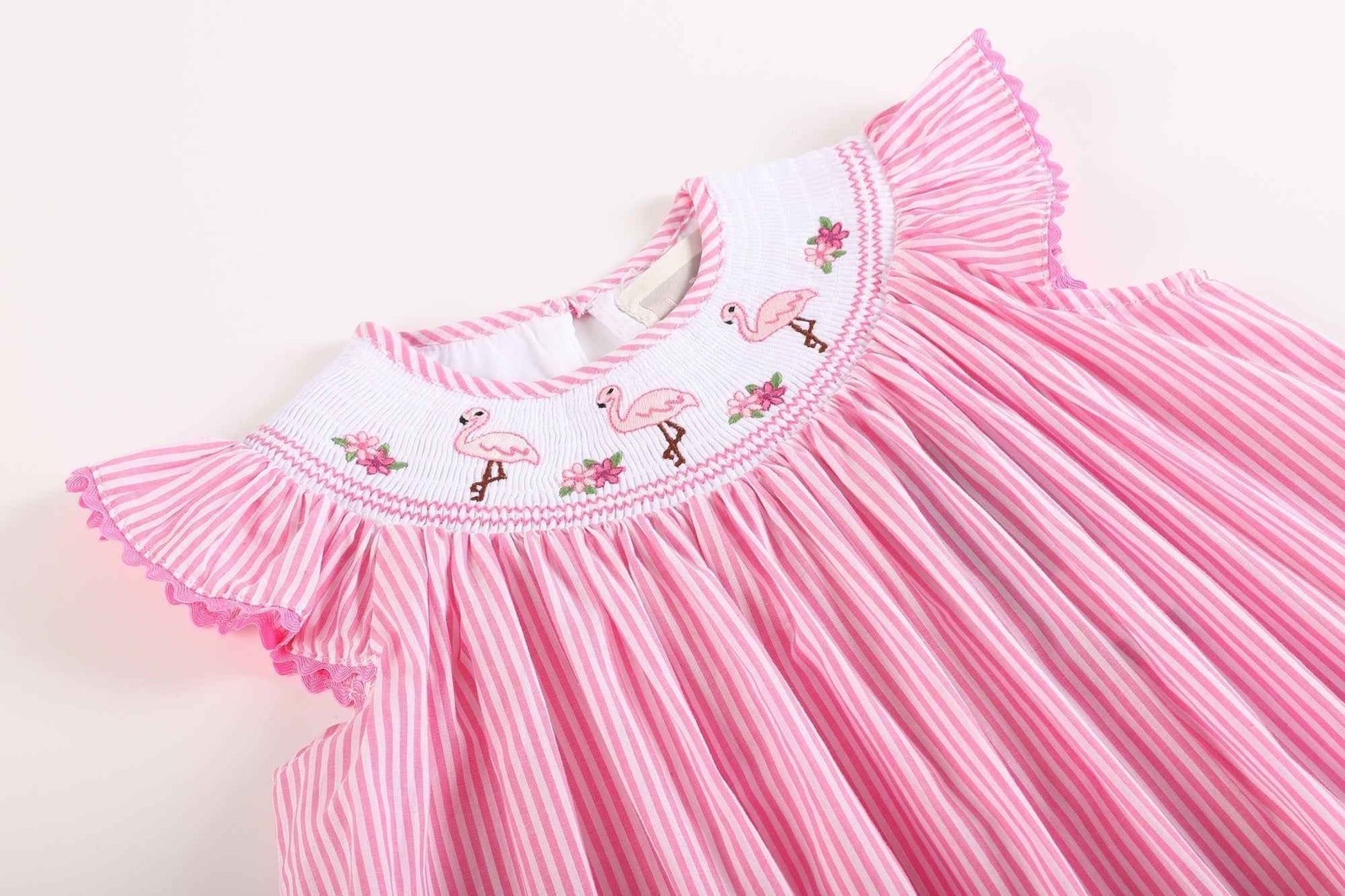 Pink Striped Flamingo Smocked Bishop Dress - Abbies Place