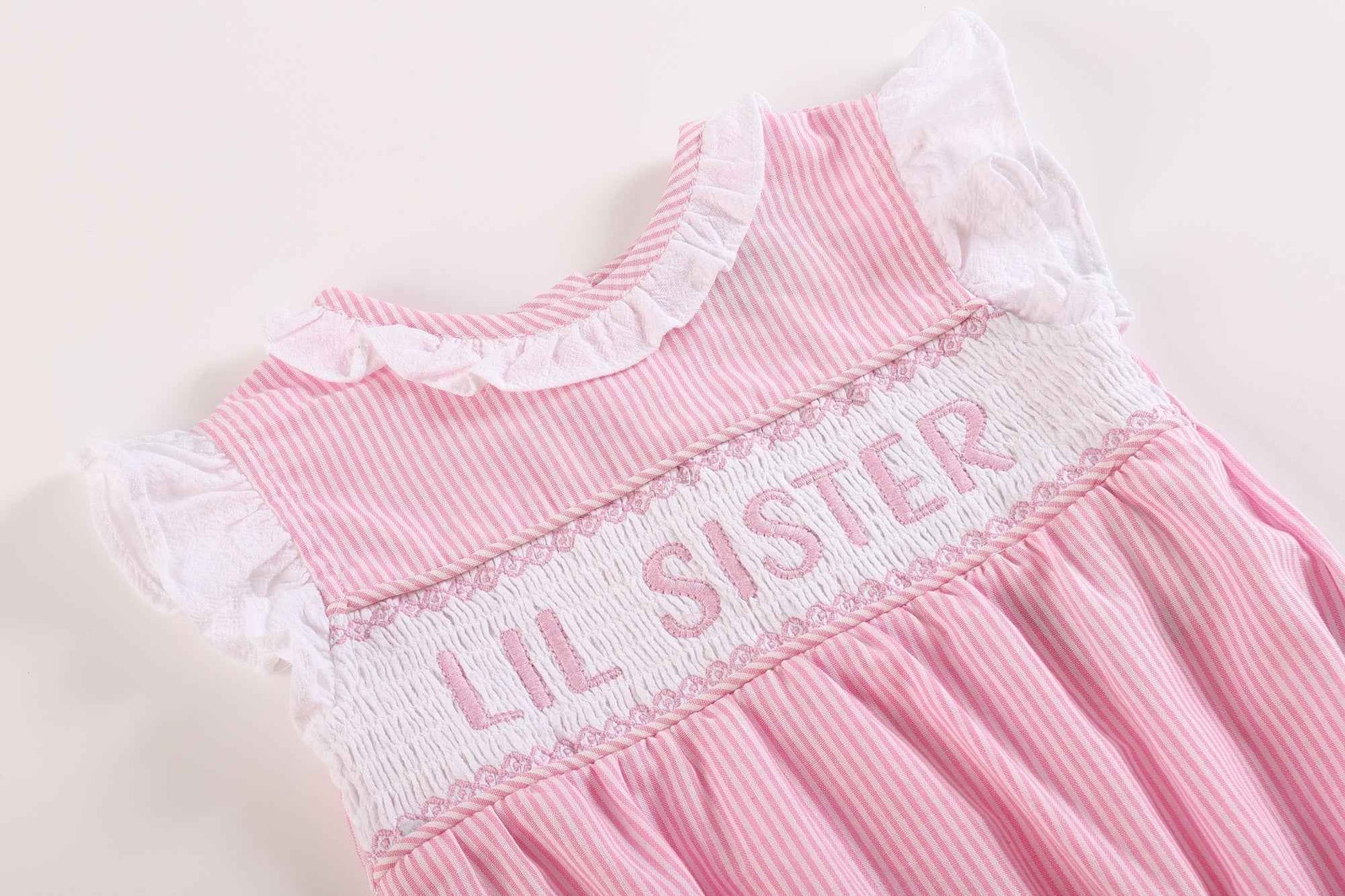 Pink Striped Lil Sister Smocked Romper - Abbies Place